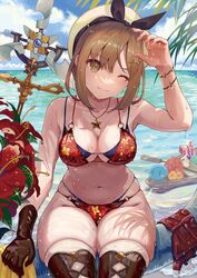  :3 atelier_(series) atelier_ryza atelier_ryza_1 beach bikini breasts brown_eyes brown_hair cleavage commentary_request day double_bikini female guest_art hair_ornament hat highres ito_lab jewelry large_breasts layered_bikini looking_at_viewer navel ocean official_art outdoors promotional_art red_bikini reisalin_stout short_hair sitting solo stomach string_bikini swimsuit thick_thighs thighhighs thighs two-tone_bikini water wet wet_clothes wet_hair wet_swimsuit white_hat wide_hips 