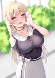  :d arm_cutout black_shirt blonde_hair blurry blurry_background blush bow breasts building bush buttons commentary cowboy_shot dutch_angle female furen_e_lustario furen_e_lustario_(2nd_costume) hair_between_eyes hand_up highres impossible_clothes impossible_shirt large_breasts long_hair looking_at_viewer nijisanji open_mouth outdoors pink_eyes shirt sidewalk skirt smile solo tatsumiya_kagari virtual_youtuber white_bow white_skirt 