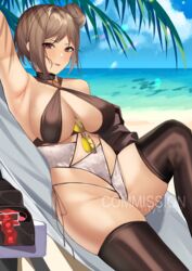  arm_up armpits artist_name black_legwear breasts brown_hair brown_swimsuit closed_mouth commission condom eyebrows_visible_through_hair eyewear_switch female girls_frontline hair_bun highres lilycious looking_at_viewer lying medium_breasts medium_hair on_back p90_(girls_frontline) red_eyes side_bun solo swimsuit thighhighs thighs tongue tongue_out 