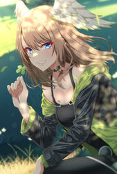  :d bare_shoulders black_bodysuit black_choker black_jacket blue_eyes bodysuit breast_tattoo breasts brown_hair choker cleavage clover eunie_(xenoblade) female four-leaf_clover grin head_wings highres jacket large_breasts long_hair long_sleeves looking_at_viewer mebi_il off_shoulder open_clothes open_jacket parted_lips smile solo tattoo wings xenoblade_chronicles_(series) xenoblade_chronicles_3 