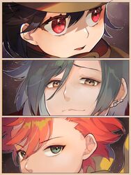  2boys atori_(piscis) blue_eyes commentary_request ear_piercing female fukuda_tamotsu grey_hair hat highres hijiriido_miyo hondoumachi_koharu id_:invaded multiple_boys narihisago_akihito orange_hair piercing portrait red_eyes scarf simple_background yellow_scarf 