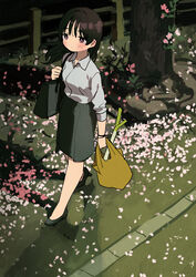  absurdres bag bangs black_bag black_footwear black_hair black_skirt blush brown_bag collared_shirt female full_body grey_shirt highres holding holding_bag leek long_hair long_sleeves original petals shadow shirt shoes shoulder_bag skirt solo walking zinbei 