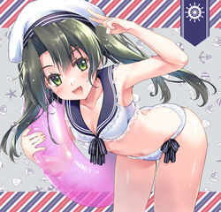  alternate_costume bikini blue_sailor_collar breasts commentary_request cowboy_shot female frilled_bikini frills green_eyes green_hair hat highres innertube kantai_collection long_hair minakami_nagara sailor_bikini sailor_collar sailor_hat salute side-tie_bikini_bottom small_breasts smile solo swim_ring swimsuit twintails v white_bikini white_hat zuikaku_(kancolle) 