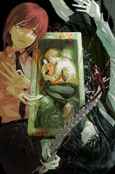  1boy 2girls bathtub black_hair black_necktie black_pants blonde_hair blood_on_ground chains chainsaw_man closed_eyes collared_shirt cross_scar denji_(chainsaw_man) dress fourth_east_high_school_uniform highres long_hair looking_to_the_side lying makima_(chainsaw_man) medium_hair multiple_girls necktie odsheels on_side pants pinafore_dress pochita_(chainsaw_man) red_hair ringed_eyes scar scar_on_cheek scar_on_face school_uniform shirt shirt_tucked_in short_hair sidelocks skull sleeveless sleeveless_dress spine white_shirt yellow_eyes yoru_(chainsaw_man) 