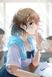  blue_bow blue_bowtie blue_eyes blue_skirt blurry blurry_background blush bow bowtie bracelet breasts brown_hair classroom commentary_request desk eraser faceless female highres holding holding_pen indoors jewelry light_smile looking_at_viewer medium_breasts original paper pen pleated_skirt shirt short_hair short_sleeves skirt solo towel towel_around_neck watch wavy_hair white_shirt wristwatch yukimaru_nun 