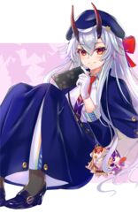  absurdres beret black_horns blue_capelet blue_headwear blue_skirt blush breasts capelet doll fate/grand_order fate_(series) female grey_hair hat highres horns ibaraki_douji_(fate) large_breasts long_hair long_skirt long_sleeves looking_at_viewer red_eyes shoulder_strap shuten_douji_(fate) skin-covered_horns skirt smile tomoe_gozen_(fate) tomoe_gozen_(festival_outfit)_(fate) yahan_(mctr5253) 