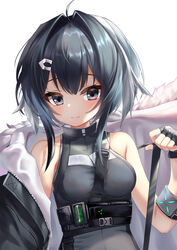  ahoge arknights bare_shoulders between_breasts black_eyes black_gloves black_hair blush bracelet breasts closed_mouth coat ehart feather_hair female fingerless_gloves fur-trimmed_coat fur_trim gloves hair_intakes hair_ornament hairclip highres infection_monitor_(arknights) jewelry la_pluma_(arknights) looking_at_viewer short_hair_with_long_locks sidelocks simple_background small_breasts smile solo underbust unworn_coat upper_body white_background white_coat 