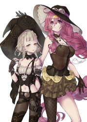  2girls black_gloves black_headwear blonde_hair braid braided_ponytail breasts briar_rose_(sinoalice) briar_rose_(sinoalice)_(cosplay) brown_legwear brown_pants closed_mouth cosplay costume_switch dorothy_(sinoalice) dorothy_(sinoalice)_(cosplay) fingerless_gloves glasses gloves goggles hat highres long_hair looking_at_viewer multiple_girls navel nightgown ojo_aa open_mouth pants purple_eyes purple_hair short_hair short_sleeves simple_background single_thighhigh sinoalice sleeveless small_breasts thighhighs twintails white_background witch_hat yellow_eyes 