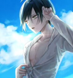  1boy ahoge black_hair brown_eyes collarbone commentary_request danganronpa_(series) danganronpa_v3:_killing_harmony day hair_between_eyes hand_up long_sleeves male_focus open_mouth outdoors saihara_shuichi sakuyu shirt short_hair sky solo summer teeth twitter_username undressing upper_body upper_teeth_only wet wet_clothes wet_shirt white_shirt 