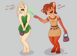  2018 activision anthro bianca_(spyro) biped blue_eyes brown_body brown_fur buckteeth clothing dialogue dress duo elora embarrassed english_text eyebrows faun_(spyro) female fur green_clothing green_dress green_eyes grey_background halloween holidays lagomorph leaf_clothing leaf_dress leporid magic_wand mammal namoogly open_mouth plant_clothing plant_dress rabbit simple_background spyro_the_dragon tan_body tan_fur teeth text wand 