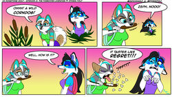  4_panel_comic anthro backpack black_hair blue_body blue_fur border brown_body brown_fur canid canine canis cattail_(plant) cheek_tuft closed_eyes clothing curled_tail dialogue dialogue_box duo ears_back english_text facial_tuft fangs female female/female fluffy fluffy_tail fur gagging gradient_background green_highlights green_markings green_sclera grey_body grey_fur hair half-closed_eyes heterochromia hi_res highlights_(coloring) humor inner_ear_fluff long_hair mammal markings multicolored_body multicolored_fur narrowed_eyes open_mouth open_smile pivoted_ears shirt simple_background smile tail tank_top teeth text tongue tongue_out topwear tuft two_tone_body two_tone_fur white_body white_border white_fur white_hair wide_eyed wolf zephyri_q_wolf zephyriwolf 