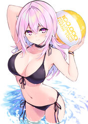  arm_up armpits ball bare_shoulders beachball bikini black_bikini bracelet breasts choker cleavage collarbone commentary_request cu-no female front-tie_bikini_top front-tie_top halterneck hand_up hisen_kaede holding holding_ball jewelry large_breasts long_hair looking_at_viewer milestone_celebration navel pink_hair purple_eyes side-tie_bikini_bottom smile solo stomach string_bikini swimsuit thighs wading water wet yayoi_sakura 