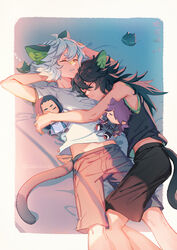  2boys animal_ears arms_behind_head black_shirt black_shorts black_tail cat_boy cat_ears cat_tail closed_eyes doll feet_out_of_frame fengxi_(the_legend_of_luoxiaohei) grey_shorts heixiu highres luo_xiaohei luo_xiaohei_(human) luo_xiaohei_zhanji lying midriff multiple_boys multiple_persona parted_lips shirt short_sleeves shorts sleeping sleeveless sleeveless_shirt suncle tail twitter_username white_shirt wuxian_(the_legend_of_luoxiaohei) 