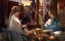  4boys baozi border0715 brick_wall brown_eyes brown_hair chair chicken_(food) chinese_clothes chopsticks commentary_request eating food highres holding holding_chopsticks horse indoors jiang_wei lattice long_hair long_sleeves looking_down low_ponytail male_focus meal meat multiple_boys noodles open_mouth plate round_window sangoku_musou_1 shin_sangoku_musou short_hair sunset table teeth wall wide_sleeves window xiahou_ba 