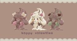  absurdres alcremie alcremie_(love_sweet) alcremie_(ribbon_sweet) alcremie_(strawberry_sweet) alternate_color alternate_shiny_pokemon blush brown_background closed_mouth commentary_request green_eyes happy_valentine heart highres no_humans pink_eyes pokemon pokemon_(creature) saku_(mwmwtwsu) shiny_pokemon standing valentine 