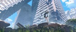  black_hair blue_sky building car cloud cloudy_sky collapsed day drone female gan-viking grass highres holding holding_weapon long_hair long_sleeves motor_vehicle nature original outdoors ruins scenery sky skyscraper solo standing weapon wide_shot wide_sleeves wind 