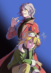  2boys blonde_hair blue_background coat dazhi_(the_legend_of_luoxiaohei) facial_hair feet_out_of_frame goggles goggles_on_head gradient_background green_jacket green_pants grey_hair hand_up highres jacket jiulao_(the_legend_of_luoxiaohei) long_hair luo_xiaohei_zhanji male_focus medium_hair micho moustache multiple_boys pants red_coat yellow_eyes 