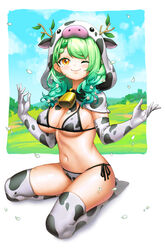  ;) absurdres animal_print antlers bell bikini blush breasts capelet ceres_fauna closed_mouth cow_hood cow_print cow_print_bikini cowbell earrings elbow_gloves female full_body gloves gooster gradient_hair green_hair highres hololive hololive_english hood hood_up hooded_capelet horns jewelry looking_at_viewer medium_breasts mole mole_under_eye multicolored_hair navel neck_bell one_eye_closed petals print_bikini print_capelet print_gloves print_towel side-tie_bikini_bottom sitting smile solo stomach string_bikini swimsuit towel virtual_youtuber yellow_eyes 