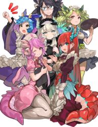  6+girls :d ;) adjusting_eyewear animal_ears apron ascot black_dress black_hair black_horns blue_eyes blue_hair blue_horns bow braid breasts broom brown_choker brown_eyes buttons chamber_dragonmaid choker cleavage cleavage_cutout clenched_hand clipboard clothing_cutout collar commentary_request dragon_girl dragon_horns dragon_tail dragon_wings dress duel_monster flat_chest frilled_apron frilled_collar frills full_body glasses glint green_hair green_horns green_legwear green_sash green_wings grey_eyes grey_legwear hair_between_eyes hair_ornament hair_over_shoulder hair_rings hairbow hat highres holding holding_broom holding_clipboard holding_tray horns house_dragonmaid index_finger_raised japanese_clothes kimono kitchen_dragonmaid kneeling lace-trimmed_apron lace_trim large_breasts laundry_dragonmaid leaf_hair_ornament long_dress long_hair long_sleeves looking_at_viewer looking_to_the_side maid maid_apron maid_headdress medium_breasts mixed_maids monster_girl multicolored_hair multiple_girls notice_lines nurse_cap nurse_dragonmaid oerba_yun_fang one_eye_closed open_mouth pantyhose parlor_dragonmaid pink_dress pink_hair pink_horns pink_wings puffy_long_sleeves puffy_short_sleeves puffy_sleeves purple_ascot purple_hair purple_kimono red_dress red_hair sai_no_kawara sash short_dress short_hair short_sleeves sidelocks single_braid sitting slit_pupils smile standing swept_bangs tail teeth thighhighs transparent_background tray upper_teeth_only wa_maid white_bow white_hair wide_sleeves wings yellow_eyes yellow_horns yokozuwari yu-gi-oh! zettai_ryouiki 