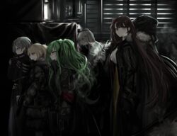  5girls bad_id bad_pixiv_id bag black_gloves blonde_hair blunt_bangs blush bolt_action breasts coat contender_(girls&#039;_frontline) earmuffs girls&#039;_frontline gloves green_eyes green_hair grey_eyes grey_hair gun hair_ornament hairclip handgun hat highres holding holding_gun holding_weapon jacket long_hair looking_at_viewer m950a_(girls&#039;_frontline) multiple_girls narue purple_hair red_eyes short_hair smile svd_(girls&#039;_frontline) twintails wa2000_(girls&#039;_frontline) weapon welrod welrod_mkii_(girls&#039;_frontline) white_hair winter_clothes winter_coat yellow_eyes 