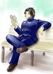  2008 5_fingers anthro bench bird_dog black_hair black_nose blue_bottomwear blue_clothing blue_pants blue_shirt blue_topwear bottomwear brown_body brown_clothing brown_footwear brown_fur brown_shoes canid canine canis closed_eyes clothed clothing domestic_dog fingers footwear fully_clothed fur hair hunting_dog kyouji_(morenatsu) labrador male mammal manya morenatsu multicolored_body multicolored_fur on_bench pants retriever school_uniform shirt shoes sitting solo tan_body tan_fur topwear two_tone_body two_tone_fur uniform 