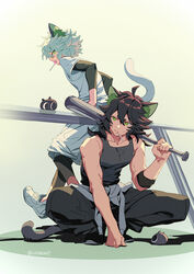  2boys aged_up animal_ears baseball_bat black_pants black_tank_top candy cat_boy cat_ears cat_tail food hair_between_eyes hand_up heixiu highres holding holding_baseball_bat layered_sleeves lollipop long_sleeves luo_xiaohei luo_xiaohei_(human) luo_xiaohei_zhanji mouth_hold multiple_boys multiple_persona pants profile shadow shoes short_hair short_over_long_sleeves short_sleeves suncle tail tank_top twitter_username white_footwear white_hair 