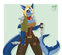  2020 5_fingers anthro armor blonde_hair blue_body blue_skin clothed clothing dagger dual_wielding fantasy female fingers fish hair hairs hi_res holding_object holding_weapon leather looking_at_viewer marine melee_weapon octipop shark simple_background smile solo uri_bennet_(ryltar) weapon 