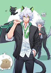  2boys animal_ears bag black_cat black_jacket black_pants blue_eyes cat_boy cat_ears cat_tail collared_shirt feline green_eyes green_necktie grey_hair hair_between_eyes highres holding holding_bag huangshou_(the_legend_of_luoxiaohei) jacket long_sleeves luo_xiaohei luo_xiaohei_(cat) luo_xiaohei_(human) luo_xiaohei_zhanji male_focus multiple_boys necktie pants shadow shaking shirt short_hair suncle tail white_hair white_shirt 