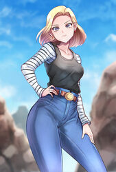  android_18 belt belt_buckle blonde_hair blue_sky breasts buckle commentary_request denim dragon_ball dragon_ball_z earrings female forehead high-waist_pants highres jeans jewelry long_sleeves looking_at_viewer medium_breasts medium_hair pants purple_eyes sky solo striped tank_top yasu_suupatenin 