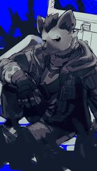  2023 anthro arknights clothed clothing ear_piercing eyebrow_piercing facial_piercing fingerless_gloves fumochi_n fur gloves handwear hi_res hyena hypergryph jacket male mammal markings open_clothing open_jacket open_topwear piercing riot_shield shield sitting solo spot_(arknights) spots spotted_body spotted_fur spotted_hyena studio_montagne topwear 