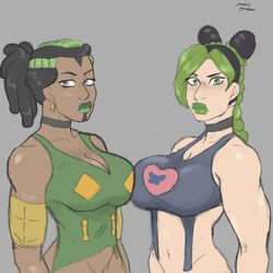  2girls big_breasts breasts dark-skinned_female dark_skin ermes_costello female female_only fully_clothed jojo&#039;s_bizarre_adventure jolyne_kujo jumbogumbo latina stone_ocean two_tone_lips 