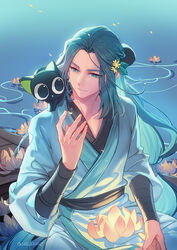  1boy animal animal_on_shoulder black_cat black_hair blue_eyes boat cat_on_shoulder feline flower glowing hair_flower hair_ornament hand_up highres lantern lantern_on_liquid leaf long_hair long_sleeves lotus lotus_lantern low-tied_long_hair luo_xiaohei luo_xiaohei_(cat) luo_xiaohei_zhanji male_focus paper_lantern sitting suncle twitter_username upper_body very_long_hair water watercraft wuxian_(the_legend_of_luoxiaohei) yellow_flower 