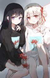  2girls absurdres bare_legs black_hair black_shirt blonde_hair blush closed_mouth collarbone commentary_request earrings floral_print flower hair_ribbon hand_on_own_chest highres inoue_takina jewelry long_hair long_sleeves looking_at_viewer lycoris_recoil multiple_girls nishikigi_chisato purple_eyes red_eyes red_ribbon ribbon sentter shirt short_hair sitting sleeves_past_wrists smile spider_lily spider_lily_print white_shirt yuri 