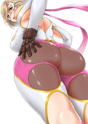  ass back blonde_hair blush breasts brown_eyes brown_gloves djeeta_(granblue_fantasy) female gloves granblue_fantasy highres kemigawa_mondo large_breasts long_hair looking_at_viewer looking_back luchador_(granblue_fantasy) open_mouth short_hair simple_background thick_thighs thighs white_background wide_hips wrestling_mask wrestling_outfit 