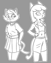  2023 a_kitty_bobo_show anthro belt bent_arm big_eyes biped bottomwear bremen_avenue_experience cheek_tuft clothed clothed_anthro clothed_female clothing collar crop_top crossover curved_eyebrows digital_drawing_(artwork) digital_media_(artwork) domestic_cat duo eyebrow_through_hair eyebrows eyelashes eyelids facial_tuft felid feline felis female fingers front_view fully_clothed fur fur_tuft gold-white-kott grey_background greyscale hair half-closed_eyes hand_on_hip hand_on_own_hip has_colored-in_version hi_res iris jacket jessica_(bae) legs_together long_hair looking_at_viewer maggie_(kitty_bobo) mammal midriff monochrome mouth_closed narrowed_eyes navel no_pupils outline portrait pose prick_ears resting_bitch_face shirt short_hair shorts simple_background skirt smile smirk straight_legs t-shirt tail thin_eyebrows three-quarter_portrait topwear translucent translucent_hair tuft whiskers white_outline 