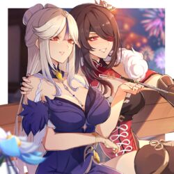  2girls absurdres bare_shoulders beidou_(genshin_impact) blue_dress blush bracelet breasts brown_footwear brown_hair dress eyepatch fingerless_gloves fireworks flower fur_trim genshin_impact gloves hair_ornament hand_on_another&#039;s_shoulder highres jewelry large_breasts long_hair multiple_girls ningguang_(genshin_impact) ningguang_(orchid&#039;s_evening_gown)_(genshin_impact) official_alternate_costume outdoors parted_lips pnatsu red_eyes sitting smile smoking_pipe thighhighs yuri 