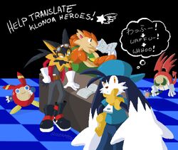  backwards_hat cabbit fluffy furry goggles goggles_on_head guntz hat highres kaze_no_klonoa klonoa overalls overm00n pango ponytail protected_link reptile shirt table tail wolf wolf_tail zipper 