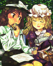  2girls arm_belt black_skirt blonde_hair bolo_tie bow brown_eyes brown_hair burger closed_eyes dress eating fedora food handkerchief hat kinosaki maribel_hearn mob_cap multiple_girls outdoors picnic picnic_basket pouring purple_dress shirt short_hair sitting skirt smile thermos touhou usami_renko waist_bow white_shirt 