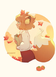  animal_ears brown_hair female food fox_ears fox_girl fox_tail fruit green_eyes highres holding leaf luo_xiaohei_zhanji orange_(fruit) profile ruoshui_(the_legend_of_luoxiaohei) shadow short_hair smile solo suncle sweater tail twitter_username upper_body white_sweater 