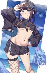  absurdres badge baseball_cap belt bikini bikini_under_clothes black_bikini black_jacket black_shirt black_shorts blue_eyes blue_sky blunt_bangs blush breasts button_badge camouflage camouflage_headwear cropped_jacket cropped_shirt fate/grand_order fate_(series) female hair_ornament hat highres jacket leaf_hair_ornament long_hair long_sleeves medium_breasts navel navel_piercing ocean open_clothes open_jacket piercing purple_hair shirt short_shorts shorts sidelocks skindentation sky smile stomach swimsuit thigh_strap toukan underboob yang_guifei_(event_portrait)_(fate) yang_guifei_(fate) 