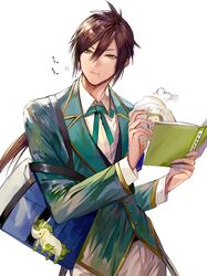  1boy bag baozi book border0715 brown_eyes brown_hair buttons closed_mouth collared_jacket collared_shirt commentary_request eating food green_jacket green_neckwear green_ribbons highres holding holding_book holding_food jacket jiang_wei long_hair long_sleeves looking_at_viewer low_ponytail male_focus neck_ribbon open_book pants qilin_(mythology) ribbon sangoku_musou_1 school_uniform shin_sangoku_musou shirt simple_background solo standing white_background white_pants white_shirt zhuge_liang 