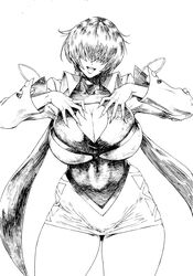  absurdres bonten breasts cleavage cleavage_cutout clothing_cutout curvy female grabbing grabbing_own_breast greyscale hair_over_eyes highres huge_breasts long_hair miniskirt monochrome open_mouth shermie_(kof) skirt solo split_ponytail the_king_of_fighters twintails 