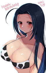  ahoge animal_print bikini blue_hair breasts collarbone commentary_request cow_print cow_print_bikini dated female happy_birthday highres idolmaster idolmaster_(classic) konboi-eg large_breasts long_hair looking_at_viewer miura_azusa print_bikini red_eyes simple_background solo swimsuit upper_body white_background white_bikini 