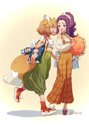  2girls animal_ears bag blush brown_hair choker crop_top fox_ears fox_tail green_eyes green_pants highres holding long_hair luo_xiaohei_zhanji midriff multiple_girls open_clothes orange_pants pants plaid plaid_pants ponytail profile purple_eyes purple_hair ruoshui_(the_legend_of_luoxiaohei) see-through see-through_sleeves shadow shirt short_hair short_sleeves shoulder_bag smile suncle tail white_shirt wuxian_(the_legend_of_luoxiaohei) zi_luolan_(the_legend_of_luoxiaohei) 