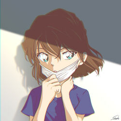  :o blue_eyes blue_shirt brown_hair commentary_request female haibara_ai hair_between_eyes hand_on_own_neck hands_up highres looking_at_viewer mask mask_pull meitantei_conan mouth_mask shadow shirt short_hair short_sleeves signature simple_background solo sooma4869 surgical_mask upper_body white_background 