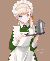  alternate_costume apron artist_name bad_id bad_twitter_id blonde_hair blue_eyes blunt_bangs brown_background commentary_request cup dated dress enmaided female green_dress holding holding_tray kantai_collection kurage1 long_hair long_sleeves maid maid_apron maid_headdress saucer shin&#039;you_(kancolle) shin&#039;you_(maid)_(kancolle) simple_background solo teapot tray upper_body 