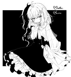  ahoge alternate_costume arknights blush bow bowtie closed_mouth female frilled_skirt frills greyscale korean_commentary long_skirt long_sleeves monochrome neck_ribbon polyvora ribbon scene_(arknights) short_hair side_ponytail skirt 