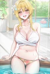  2girls :d afloat alternate_costume amyu_(amm_asl_pa) arms_at_sides arms_behind_back bad_id bad_pixiv_id bare_shoulders bikini blonde_hair blush bra breasts collarbone commentary_request cowboy_shot crystal_hair_ornament floral_print flower genshin_impact hair_between_eyes hair_flower hair_ornament halo hand_rest highres indoors innertube large_breasts lily_(flower) looking_at_viewer lumine_(genshin_impact) mechanical_halo mismatched_bikini multicolored_clothes multicolored_panties multiple_girls navel paimon_(genshin_impact) panties partial_commentary plant pool poolside potted_plant reflection relaxing short_hair short_hair_with_long_locks side-tie_bikini_bottom sidelocks sitting smile swim_ring swimsuit teeth thigh_gap underwear upper_teeth_only wading wet white_bra white_flower yellow_eyes 