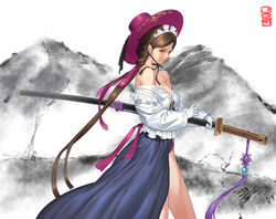  bad_id bad_pixiv_id breasts brown_eyes brown_hair cleavage female gat_(korean_traditional_hat) gloves hat highres keumran_(last_origin) korean_clothes lace lace-trimmed_panties lace_trim last_origin long_hair long_skirt looking_at_viewer maid maid_headdress off_shoulder panties photoshop_(medium) pink_panties shirt side_slit skirt solo sword taktori underwear very_long_hair weapon white_gloves white_shirt 