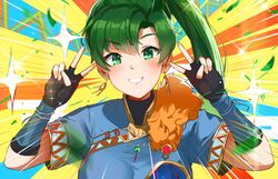  aqua_background asymmetrical_bangs black_gloves blue_dress blush breasts commentary double_v dress earrings elbow_gloves emotional_engine_-_full_drive fate/grand_order fate_(series) female fingerless_gloves fire_emblem fire_emblem:_the_blazing_blade gloves green_eyes green_hair grin hands_up high_ponytail highres jewelry large_breasts leaf long_hair looking_at_viewer lyn_(brave_lady)_(fire_emblem) lyn_(fire_emblem) ormille parody pendant ponytail short_sleeves smile solo sparkle striped striped_background symbol-only_commentary v yellow_background 